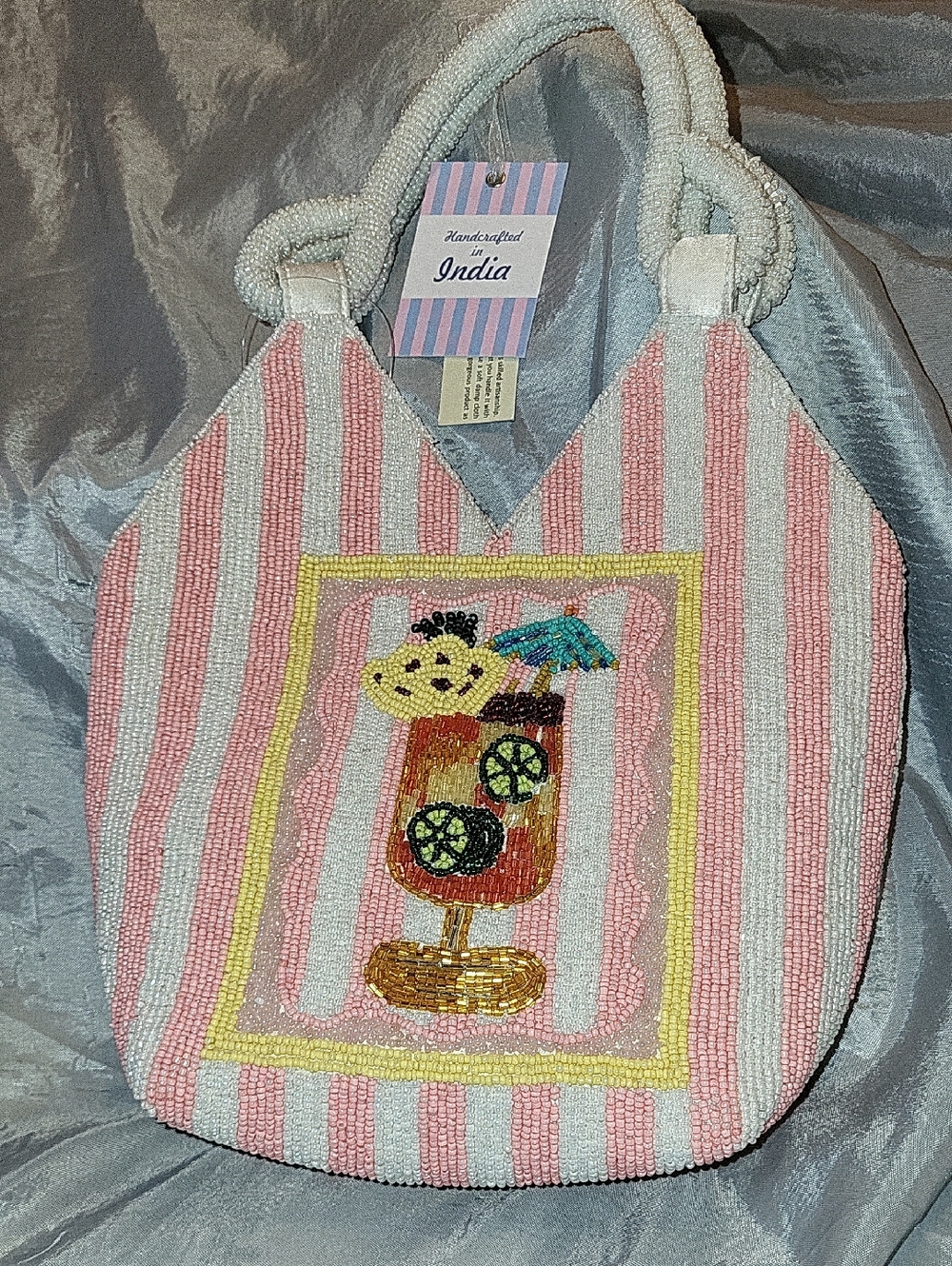 Handcrafted In India  Pink & White Striped Beaded Cocktail Clutch